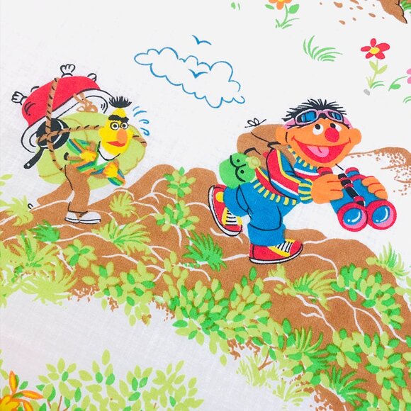 80s Sesame Street Muppets Camping TWIN Bed FLAT Top Sheet Vintage Bedroom Decor - Picture 8 of 13